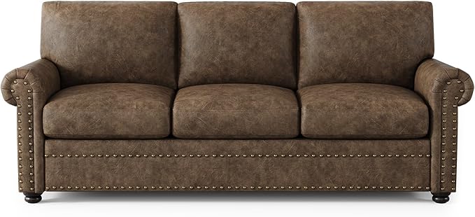 ONBRILL Faux Leather Sofa 84 Inches Nailhead Trim Couch for Living Room Mid-Century Modern Deep Seat Sofa with Rolled Arms Classic 3 Seater Couch for Apartment Office Brown