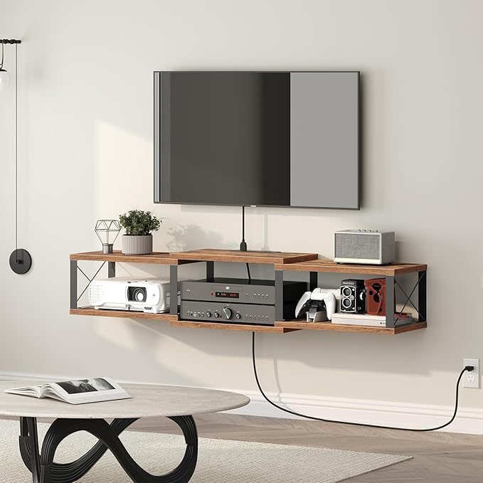 43.7” Floating TV Stand with Power Outlet Wall-Mounted Entertainment Center Floating Metal Frame Media Console Shelf for Under TV Storage for Living Room Bedroom Rustic Brown TVHR101E01