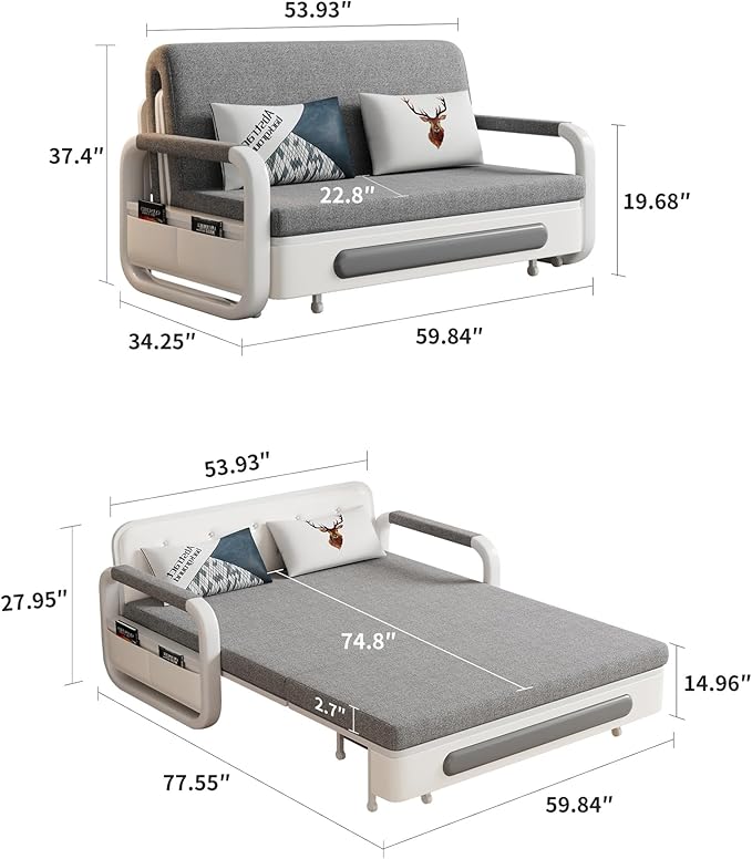 Full Size Pull-Out Sofa Daybed with Trundle Versatile Futon Couch with Sleeping FunctionMetal armrest and Storage Space for Small Rooms and Living Rooms59.84