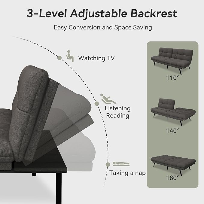 Convertible Futon Sofa BedGrey Linen Modern Futon CouchMemory Foam Loveseat Sleeper ReclinerDetachable CushionAdjustable Backrest &amp ArmrestCouch for Living RoomOfficeApartment