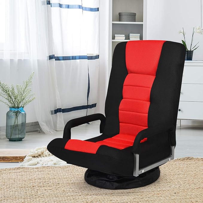 Giantex Floor Chair 360 Degree Swivel Chair with Adjustable Backrest Lumbar Support Armrest Foldable Lazy Sofa Rocker for TV Reading Playing Video Games Black/Red