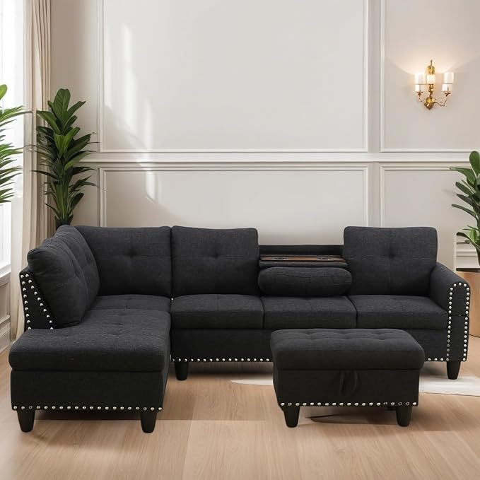 FONTOI L Shaped Sectional Couches for Living Room Modular 4 Seat Sofa with Ottoman Storage Modern Couch with Chaise for Bedroom Apartment Furniture Black