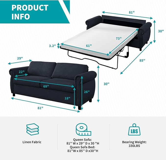 BALUS Pull Out Sofa BedQueen Size Sleeper Sofa Couch with Memory Foam Mattress 2-in-1 Convertible Pullout Couch Bed for Living Room Office Apartment-GreyQueen