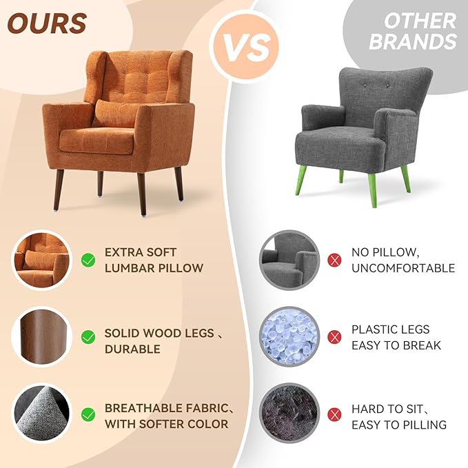 Accent Chair Set of 2 Upholstered Armchair with Pillow Fabric Single Sofa Chair with Lounge Seat and Wood Legs Accent Chair for Living Room Small Spaces (Orange Set of 2)