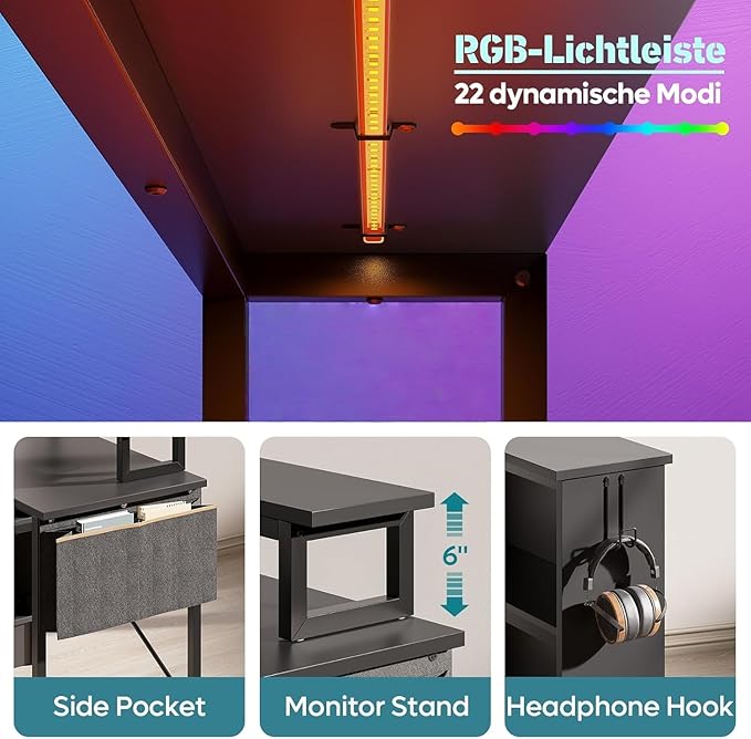 Bestier Small L Shaped Desk with LED Lights 42 Reversible Computer Desk with Open Storage Cabinet &amp Monitor Stand Corner Desk with Side Storage Bag for Home Office Bedroom Black