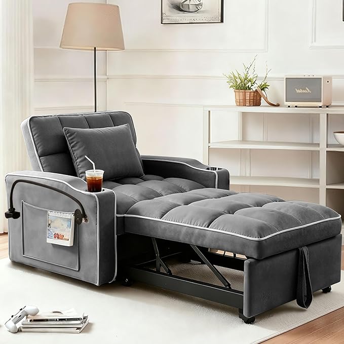 Convertible Sleeper Chair Pull Out Chair Sleeper with Bracket and Cup Holder Chairs Bed Sleepers for Adults 3 in 1 Sofa Bed Chairs for Small Spaces Living Room Gray
