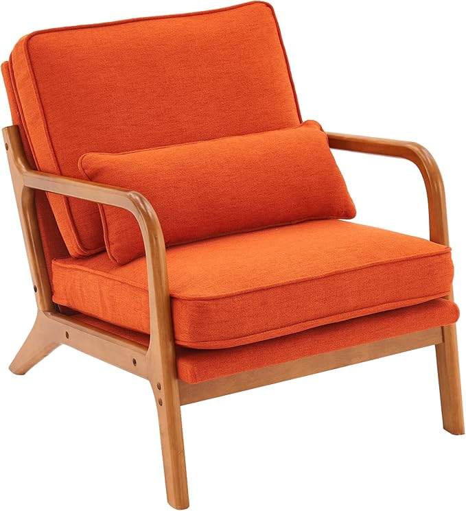 Mid Century Modern Accent Chair with Wood Frame Upholstered Living Room Chairs with Waist Cushion Reading Armchair for Bedroom Sunroom (Orange)