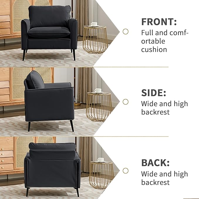 YISHENG Mid-Century Modern Living Room Accent Chairs Set of 2 - Oversized Faux Leather Armchairs with Removable Cushions &amp Metal Legs Comfortable Sofas for Office/Lounge/Bedroom/Reception（Black）