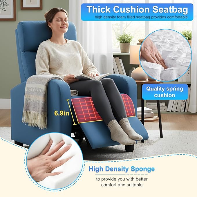 BestMassage | Recliner Chair | No Massage Function | Textile Blue | with Lumbar Support Adjustable Push Back Wide Armrests Footrest &amp Padded Seat | Easy Assembly | for Living Room Home Theatre