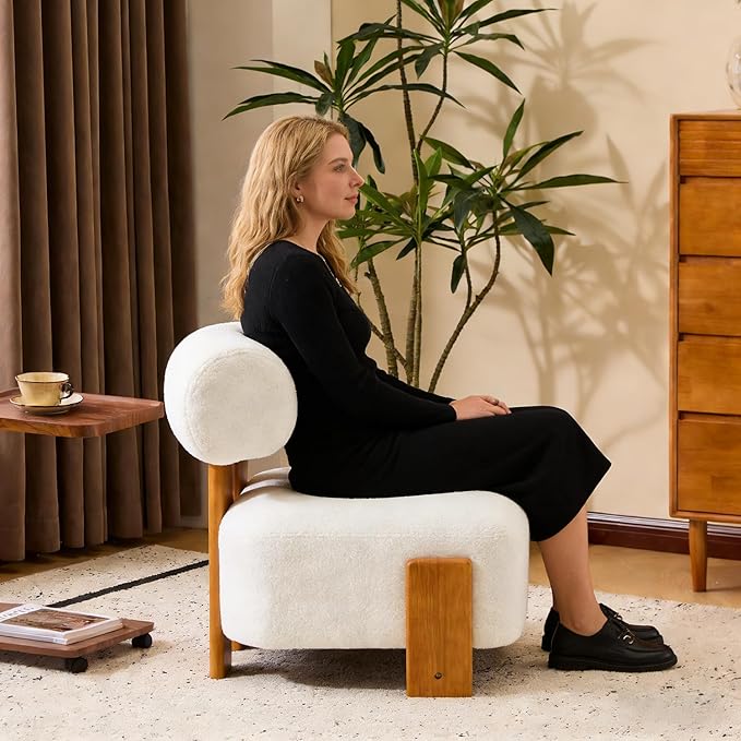 Boucle Accent Chair with Solid Wood Frame for Living Room Modern Side Chair with Rolled Backrest 27.25 Lounge Chair with Soft and Durable Boucle Fabric for Bedroom and Office (Beige)
