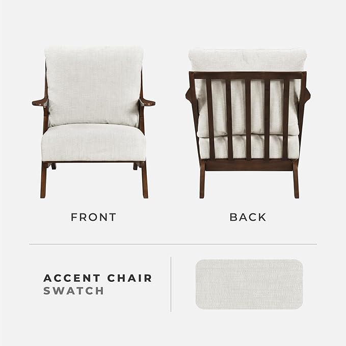 Lexicon Mid Century Modern Accent Chair Pascal Brown Solid Rubberwood Frame Reversible Back Cushion Woven Chenille Upholstered Reading Chair for Living Room/Bedroom/Office Beige