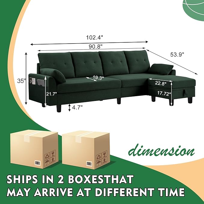 102 Convertible Sectional Sofa Modern L Shaped Couch with Storage Ottoman and Side Pockets 4 Seater Sofa for Living Room Apartment Green