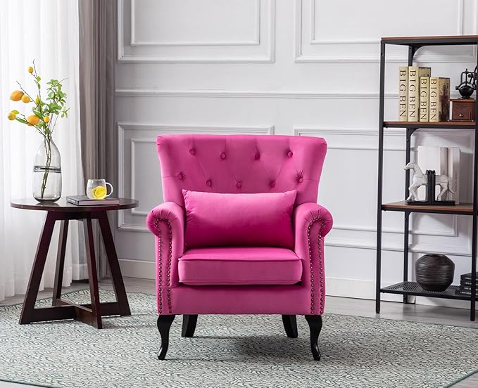 Kmax Velvet Tufted Accent Chair Mid Century Throne Chair Comfy Sofa Chair Padded Seating WingBack Unique Wood Legs Home Club Bedroom Living Room Rose