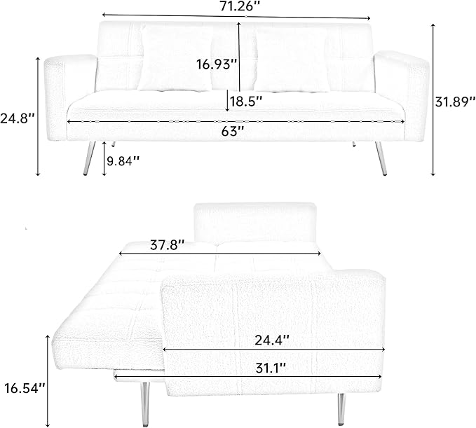 73 Convertible Futon Sofa BedComfy Teddy Fabric Sleeper Couch with 3 Reclining BackrestsGolden Chrome LegsModern Cloud Sofa Loveseat for Small Living Room Office (Grey)