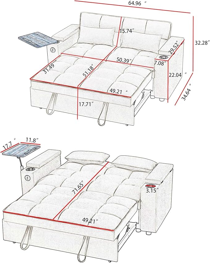 65'' Convertible Sleeper Sofa Bed with Adjustable Backrest Chaise Lounge Side Table &amp USB/Type-C Ports – Stylish &amp Functional Addition to Any Living Room (Black)