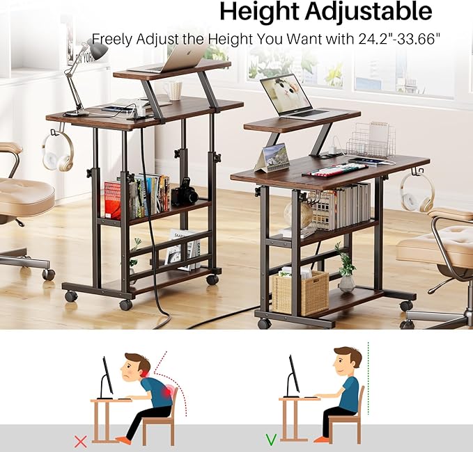 Adjustable Height Standing Desk with Power Outlets Rolling Stand Up Desk with Monitor Stand and Storage Shelves 31.5 Small Mobile Computer Desk Portable Laptop Table (Retro Brown)