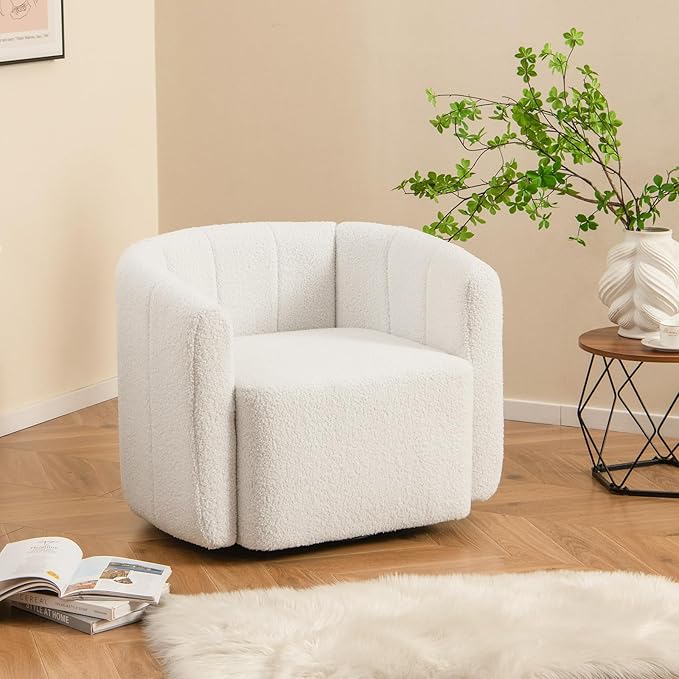 GOFLAME Swivel Barrel Chair Upholstered Sherpa Accent Chair with Curved Backrest &amp Armrests Reading Armchair Modern Club Tub Sofa Chair for Living Room Bedroom Study