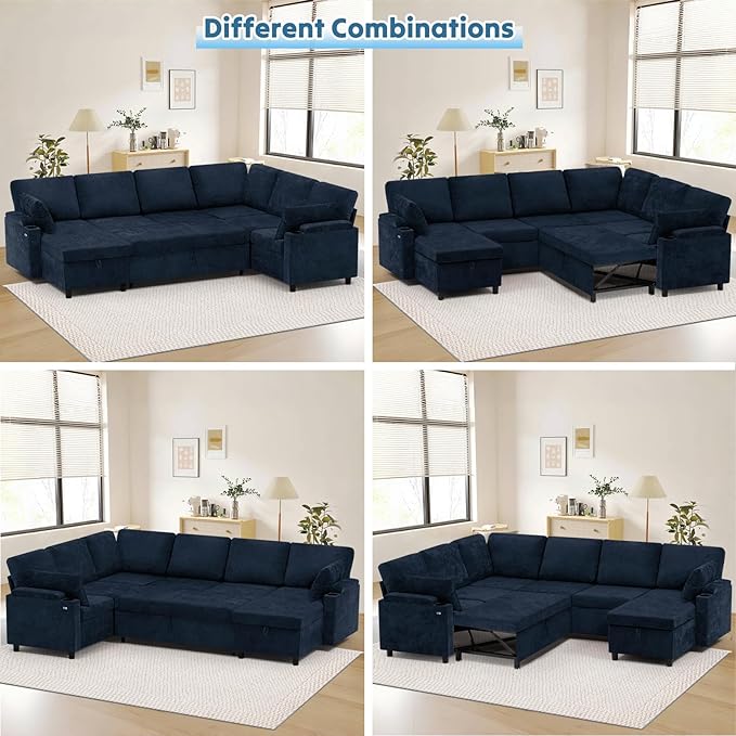 110” Chenille Reversible Sectional Sofa w/Pull Out Bed &amp Storage Chaise U Shaped Couch w/Storage Armrests &amp Cup HoldersCorner Sofa w/USB Charging Port &amp Throw Pillow for Living Room Blu