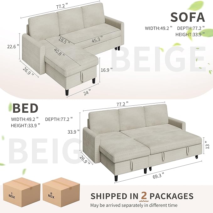 Nuturelly Sectional Sofa Couch Bed L Shaped Sleeper Sofa Bed Pull Out Bed with Storage Reversible Sectional Couches for Living Room Apartment Office(White)