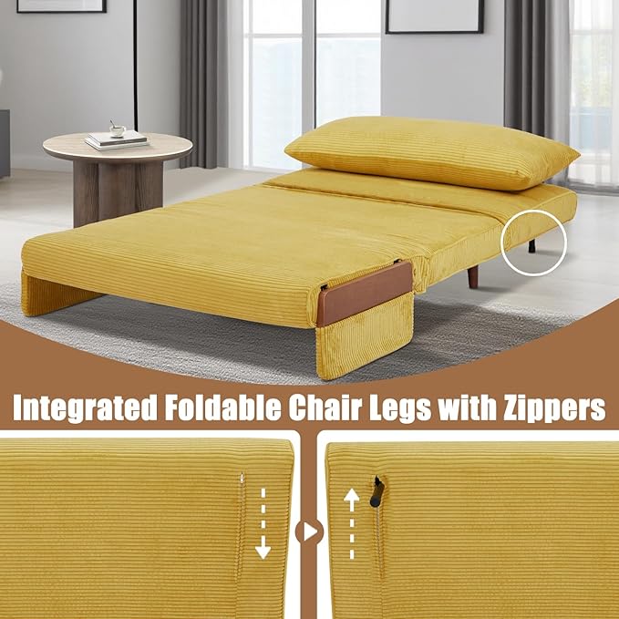 3 in 1 Sleeper Chair Bed Foldable Convertible Chair with Armrest Thickened Cushion and Sponge Corduroy Fabric Adjustable Backrest Upholstered Accent Sofa for Apartment/Bedroom/Office - Yellow
