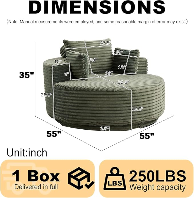 55 inch 360° Swivel Accent Chair Chaise Lounge Chair Indoor Oversized Round Swivel Accent Chair Modern Corduroy Single Sofa Chair Deep Seat Chair for Living Room Bedroom Apartment Green