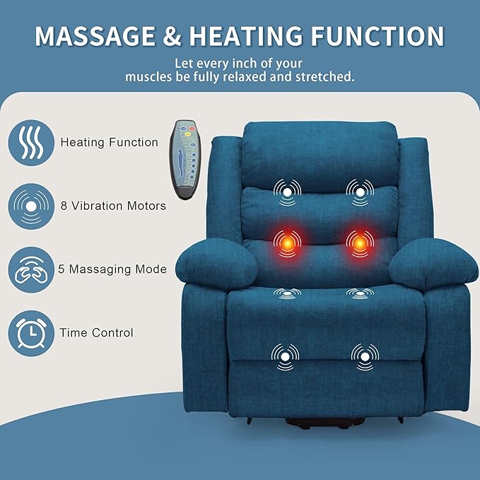 Oversized Power Lift Recliner for Elderly Extra Wide Electric Recliner Chairs with Massage and Heat Reclining Chair with Side Pockets Recliner for Living Room (Imitation Cashmere Blue)