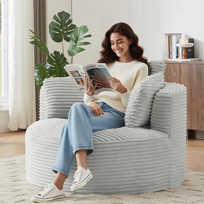 Round Chair Lounge Chaise Indoor 48.8 Oversized Sofa Chair Upholstered Corduroy Deep Seat Sleeper Sofa Bed No Assembly Required for Living Room Bedroom Apartment Light Grey