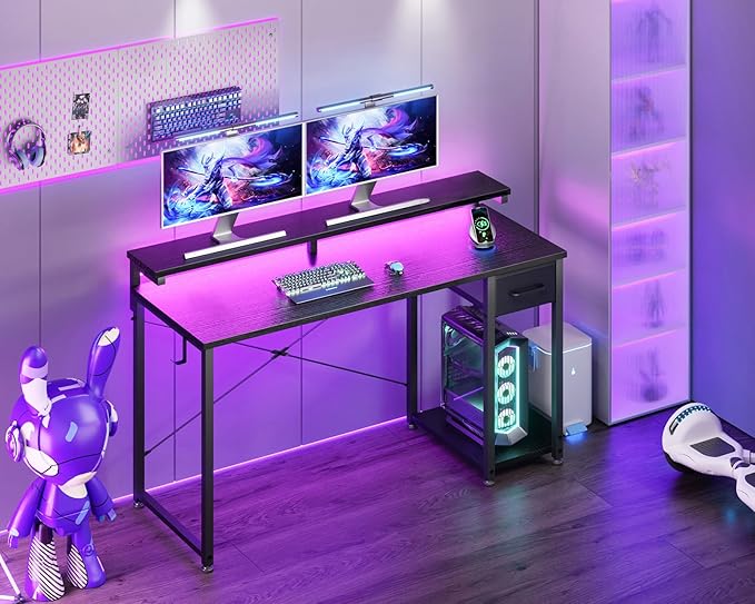 AODK Gaming Desk with LED Lights 55 Inch Computer Desk with Drawers Reversible Small Desk with Monitor Stand &amp Headphone Hook for Home Office Black