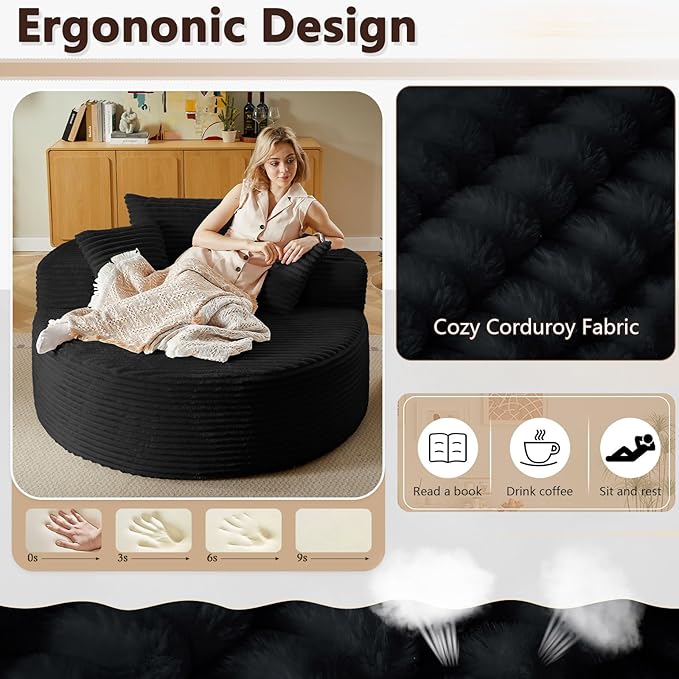 55''Oversized Round Chair Lounge Chaise IndoorCloud Boneless Large Circle Chair with Plush CorduroyNo Assembly RequiredFluffy Modern Sleeper Sofa Bed for ReadingLiving Room(blackFabric Upgrade)