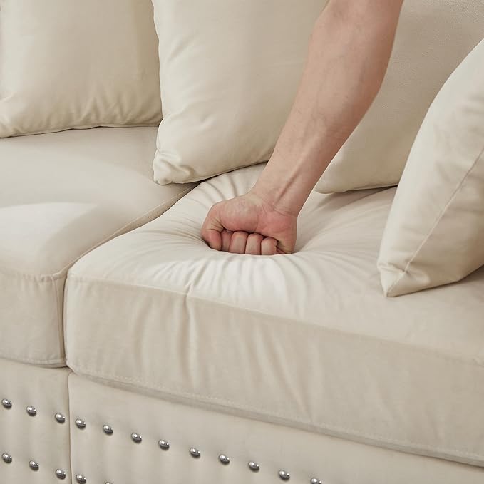2 Piece Velvet Sofa Set with Storage - Mid Century Modern Chesterfield Couch and Loveseat Sets Comfy Deep Seat Upholstered Sectional Love Seat with Retro Nailhead Beige Couches Living Room (Apricot)
