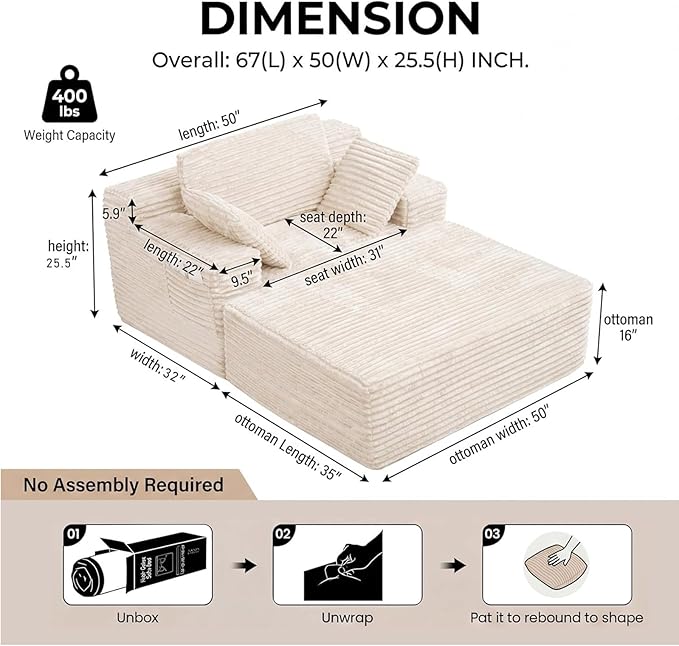 Boneless Chaise Lounge Chair Indoor with Ottoman 67 Inch Oversized Corduroy Couch Compressed Sofa Bed Couches for Living Room Bedroom Guest Room No Assembly Required Off-White