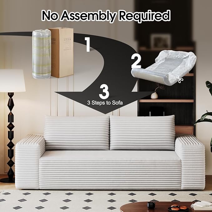 71 Boneless Corduroy Modular Couch with Deep Seat Memory Foam Comfy Small Cloud Couch for Small Spaces No Assembly Required Sofa for Living Room Bedroom &amp Apartment (White 71inch)