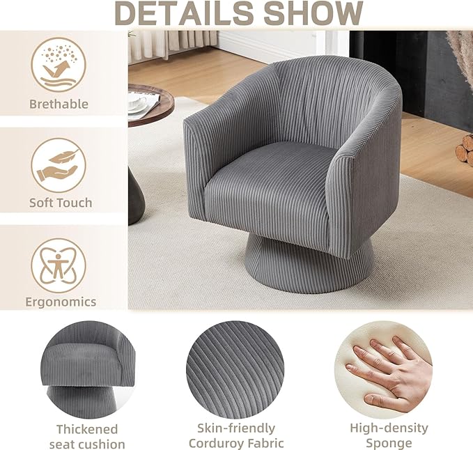 Swivel Accent Chair Modern 360° Barrel Chair Corduroy Upholstered Single Sofa for Living Room Bedroom(Gray)