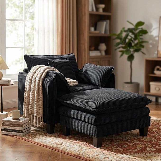 Oversized Chair with Ottoman Modern Corduroy Sofa Bed Single Sofa Chaise Large Upholstered Sofa for Living Room Bedroom (Black)