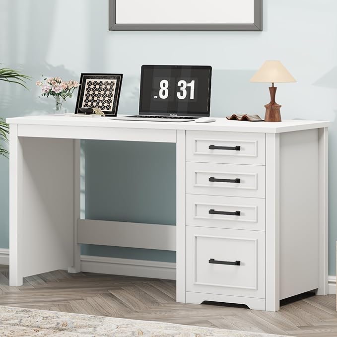 Vabches Farmhouse 49” Executive Desk with File Drawer 4 Drawers Reversible Computer Desk with Storage Rustic Home Writing Workstation for Home Office Cream White