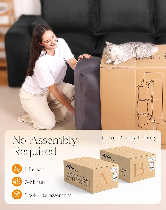 137 Boneless Comfortable Couch with Chaise U Shaped Modular Sectional Couches for Living Room Black Corduroy Sofas with Ottoman Compressed Sofa in a Box No Assembly Required