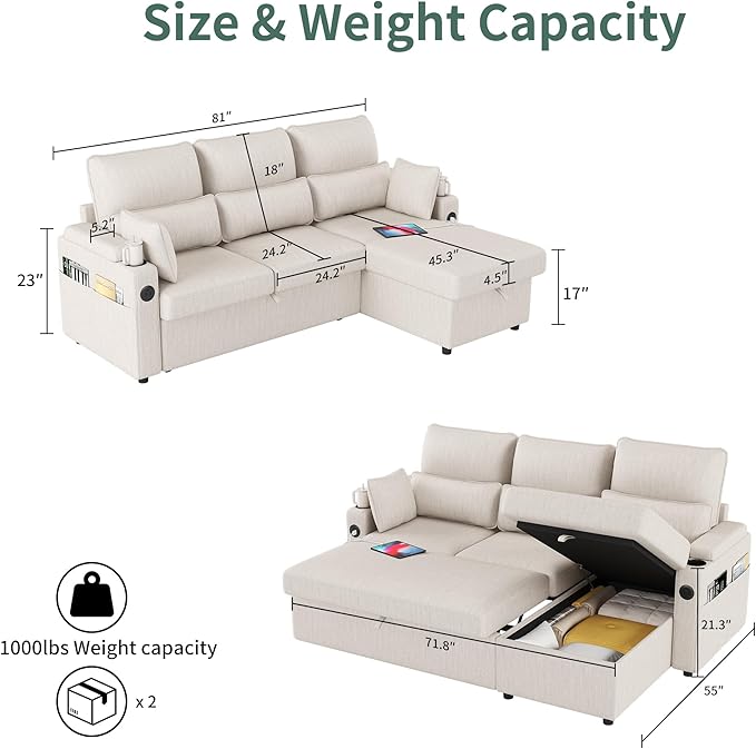 Sectional Sleeper Sofa with Pull Out Couch Bed with Storage Chaise for Living Room Comfy Linen Modular Sectional Sofa with Dual USB &amp Type-C Cup Holders (Beige 81 Inches)