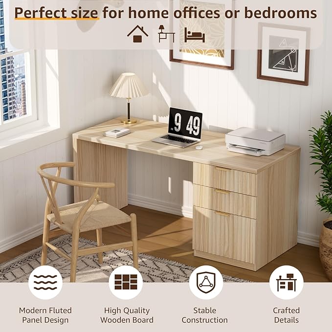 Fluted Desk with File Drawers - 47 Inch Modern Executive Desk Wood Desks with Cabinet Drawers for Home Office Boho Wooden Computer Desks with Storage for Writing Study Bedroom Light Natural Oak