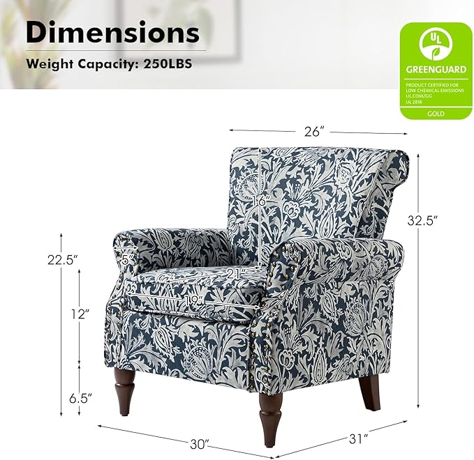 Wingback Accent Chair with Wood Legs Modern Comfy Upholstered Armchair with Removable Cushion and Nailhead Trim Floral Pattern Single Sofa Reading Chair for Living Room Bedroom