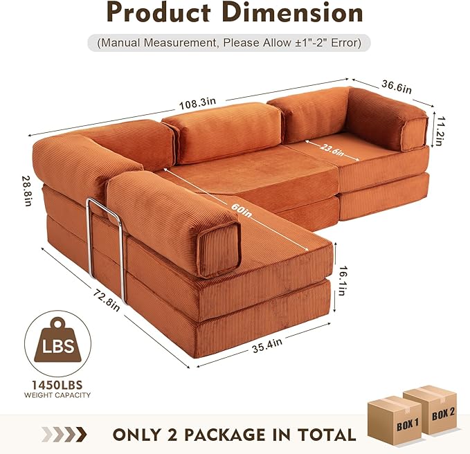 MEISSALIVVE 108 L Shaped Boneless Couch Orange Modular Sectional Sofa with Chaise Cloud Sectional Couch with Deep Seat &amp Removable Pillow for Living Room No Assembly Required