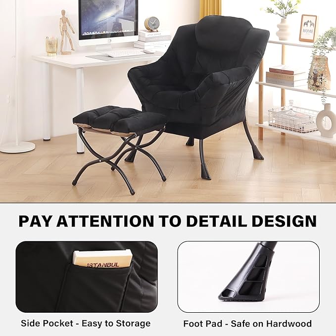 Tiita Lazy Chair with Ottoman Black Modern Large Accent Chair Comfy Leisure Sofa Armchair with Ottoman Reading Chair with Footrest for Bedroom Living Room Dorm Rooms Velvet Black