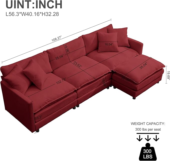 Modular Convertible Sectional Couch L-Shaped 4 Seat Sofa with Reversible Chaise Deep Seat Cloud Couch Sleeper Sofa Bed Chenille Fabric with Pillow for Living Room Bedroom and Apartment