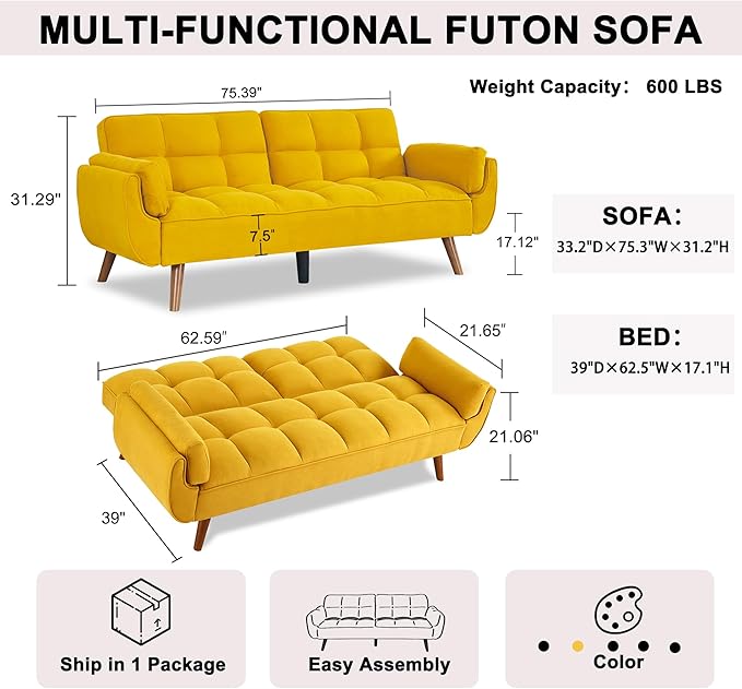 Convertible Futon Sofa Bed Sleeper Couch Bed with Adjustable Backrests Linen 3 Seater Small Couches for Small Spaces Living Room Bedroom(Yellow 75)