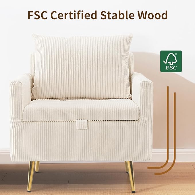 Furnimart Beige Mid-Century Modern Corduroy Storage Accent Chair with Arm 1-Seater Built-in Storage Reading Chair for Bedroom Living Room Apartment