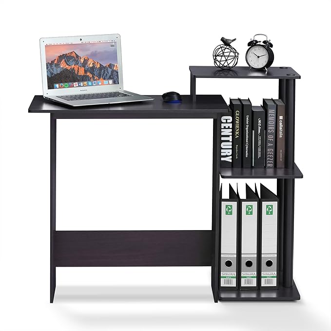 Furinno EFFICIENT Desk 28.6 Wide Gaming Desk with 3 Open Side Shelves Laptop Notebook Computer Desk Office Desk for Home Office Study Room Dorm Bedroom Dark Walnut