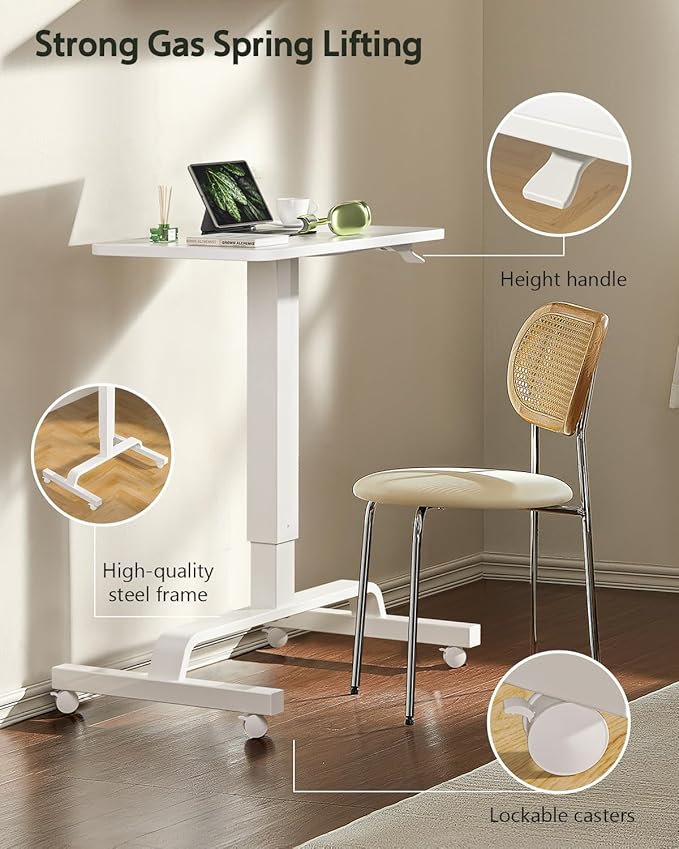 KINGSMITH Height Adjustable Mobile Standing Desk with 360° Swivel Casters 29-45 Pneumatic Rolling Desk on Wheels Perfect for Home Office Bedroom Living Room White