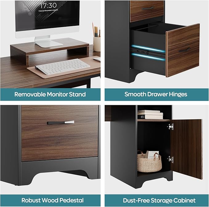 Bestier L Shaped Desk with File Drawers 63 x 47 Office Computer Desk with Storage Cabinet Corner Desk with Monitor Stand &amp Modesty Panel for Home Office Cherry