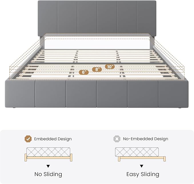SHA CERLIN King Size Bed Frame Velvet Upholstered Platform Bed Vertical Channel Tufted Adjustable Headboard Low Profile Bed Frame No Box Spring Needed Easy Assembly Grey
