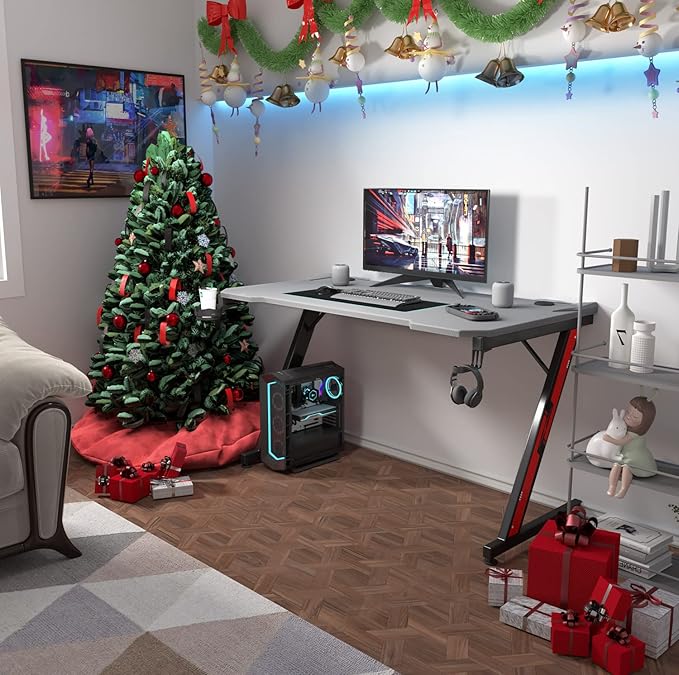 Homall Gaming Computer Desk with Carbon Fiber Surface Gaming Table Z Shaped Pc Home Office with Cup Holder&ampHeadphone Hook(44 in Grey)
