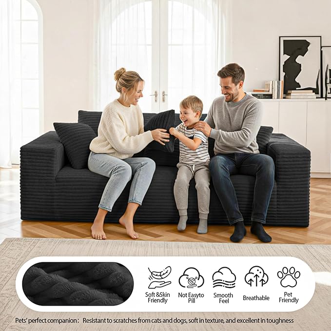 3-Seater Deep-Seat Corduroy Lounge Sleeper Sofa - No Assembly Frameless Foam Cloud Couch for Living Room Bedroom Apartment Dorm Office